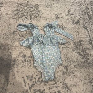 Cecil & Lou Toddler Blue And Green Floral Lycra Shoulder Tie Swimsuit